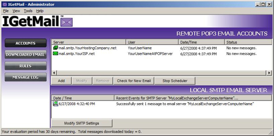 IGetMail's Accounts Panel - Watch your POP email get downloaded to your Exchange Server in real time.
