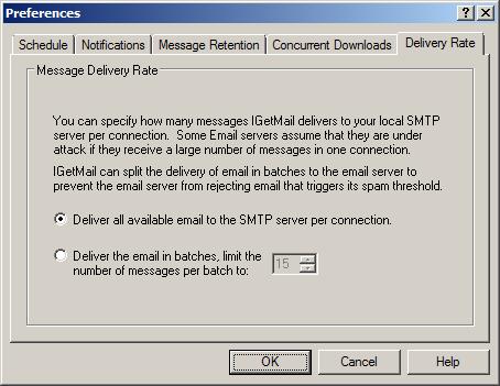 Specify the number of POP3 emails that IGetMail will deliver to your Exchange Server per connection.