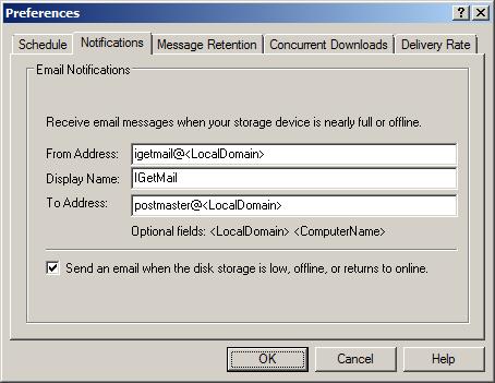 Use the Notifications option to receive program messages from IGetMail.
