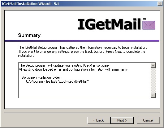 The IGetMail Summary dialog allows you to review installation information before software is copied to your computer.